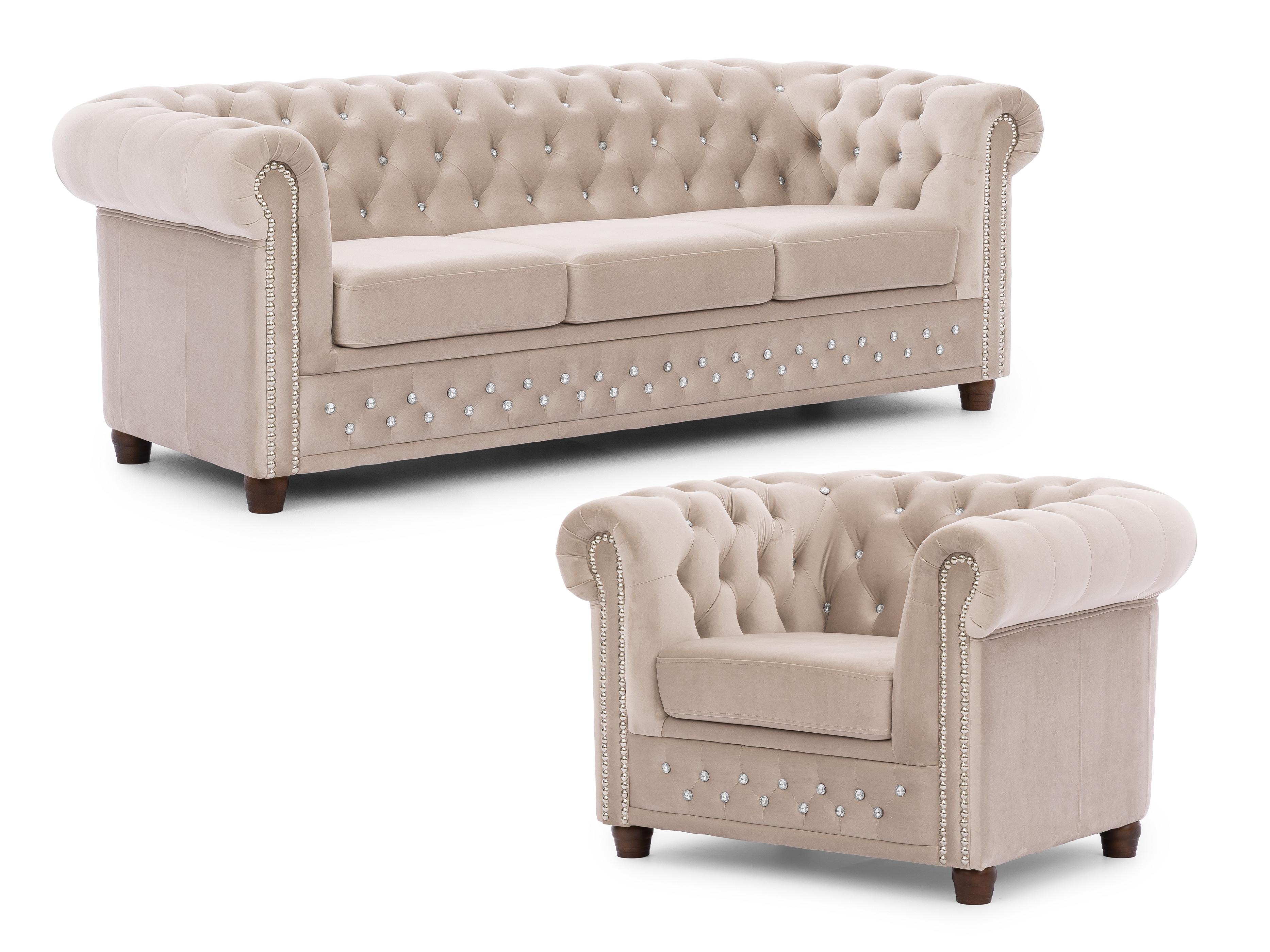 SITZGARNITUR 3+1 Chesterfield Cleo Blink Beige Samt mit Kristallsteppung und braunen Massivholzfüßen - Beige/Braun, Holz/Textil (203/72/86cm) - S-Style Möbel