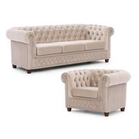 SITZGARNITUR 3+1 Chesterfield Cleo Blink Beige Samt mit Kristallsteppung und braunen Massivholzfüßen - Beige/Braun, Holz/Textil (203/72/86cm) - S-Style Möbel