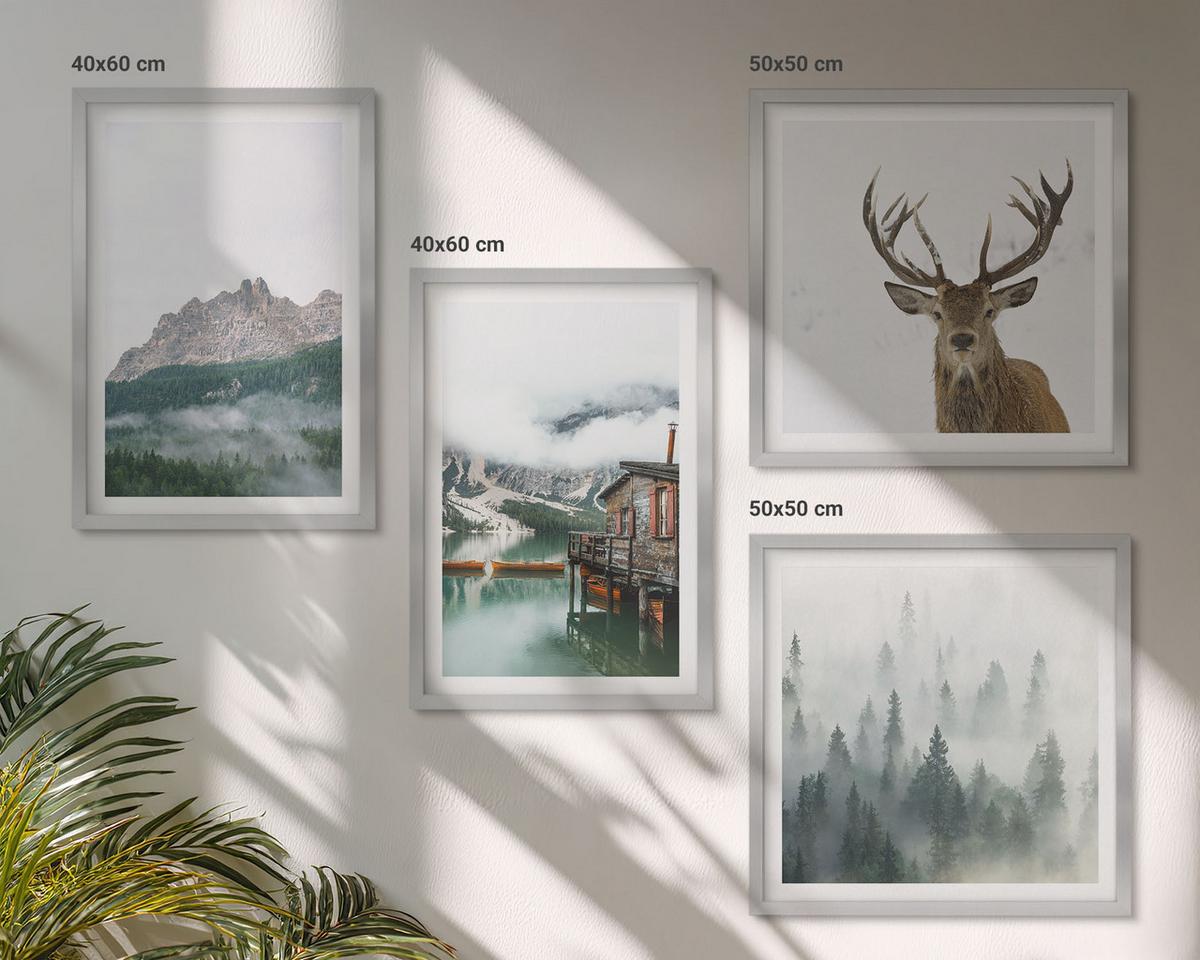 BILDER SET 4er Set - 50x50 cm & 40x60 cm Silberner Rahmen - Berge, See, Hirsche, Hütte, Nebel - Silberfarben, Kunststoff (50/50cm) - TULUP