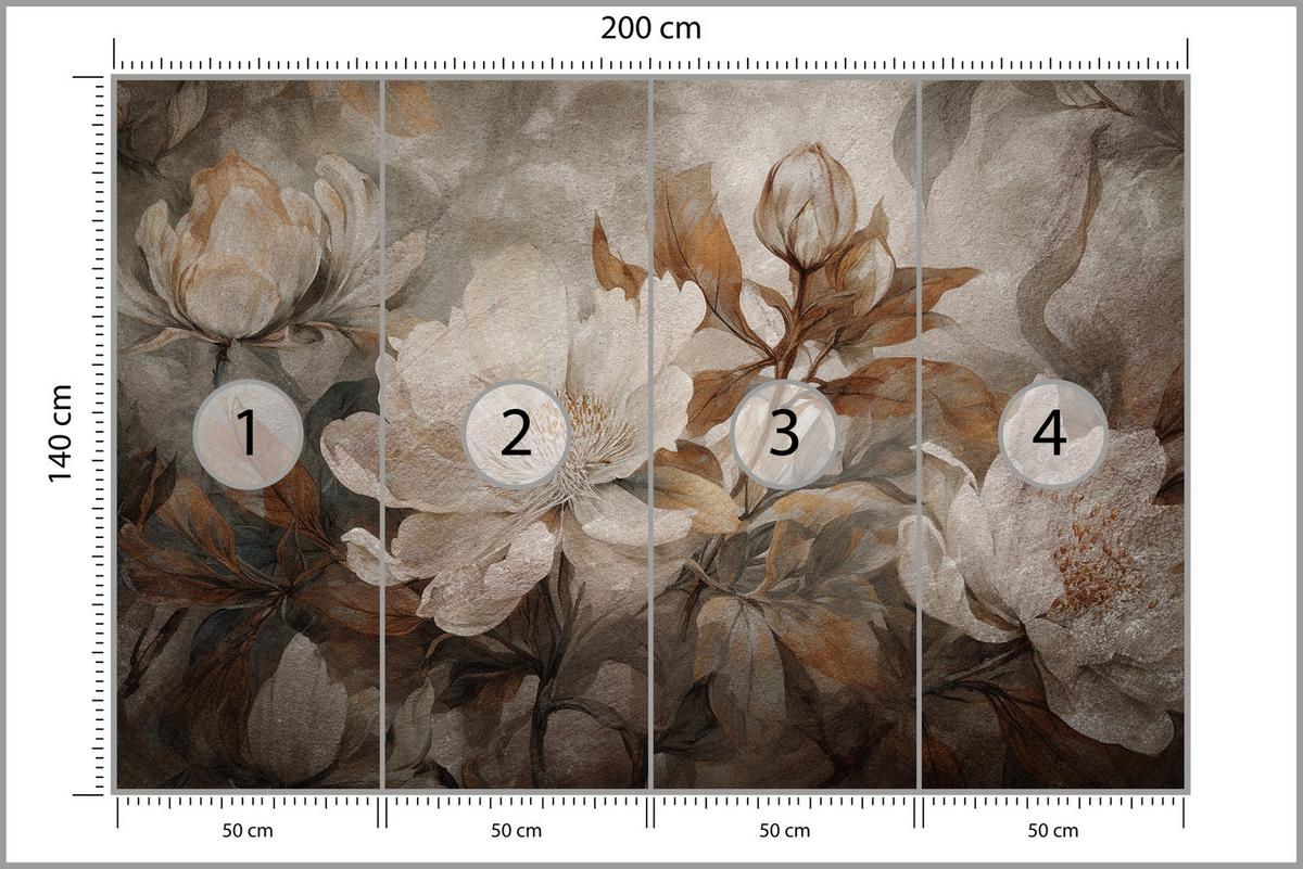 FOTOTAPETE für Wohnzimmer Blumen Blätter Pflanzen Natur Retro Stil 200x140 - Beige/Orange, Papier (200/140cm) - Muralo