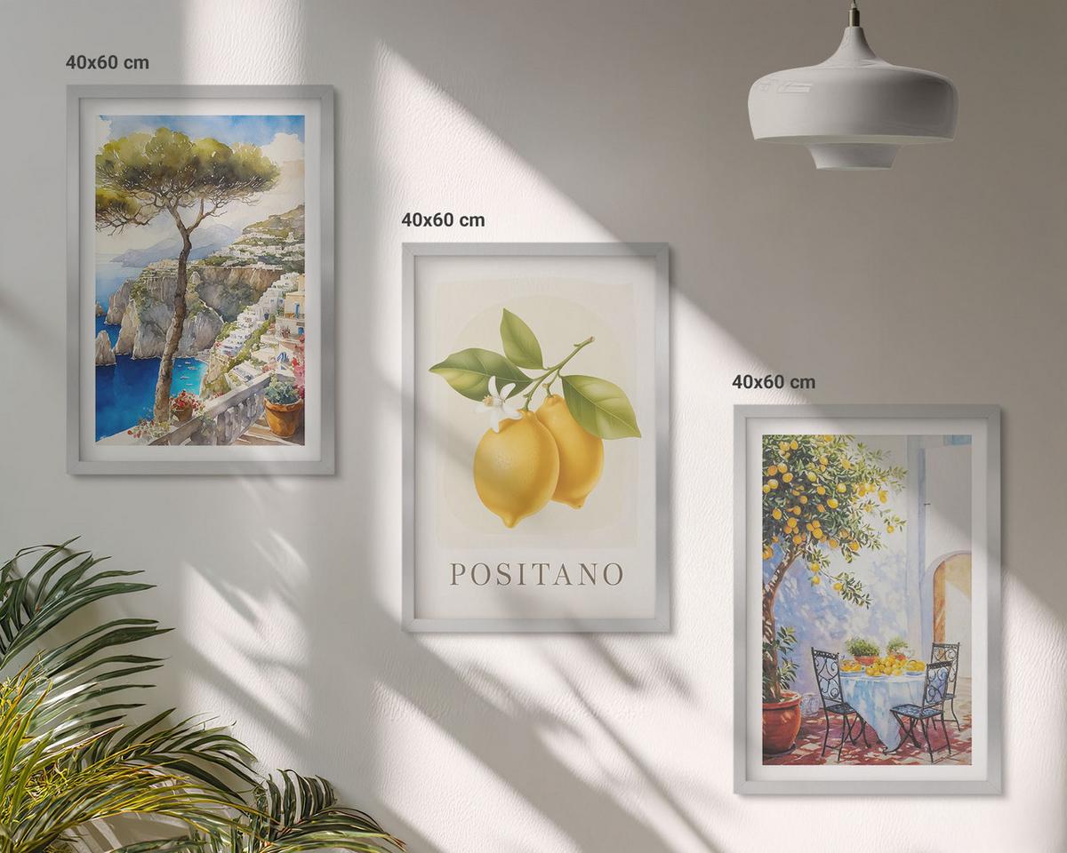 BILDER SET 3er Set - 40x60 cm Silberner Rahmen - Ansichten von Positano mit Zitronen - Silberfarben, Kunststoff (40/60cm) - TULUP