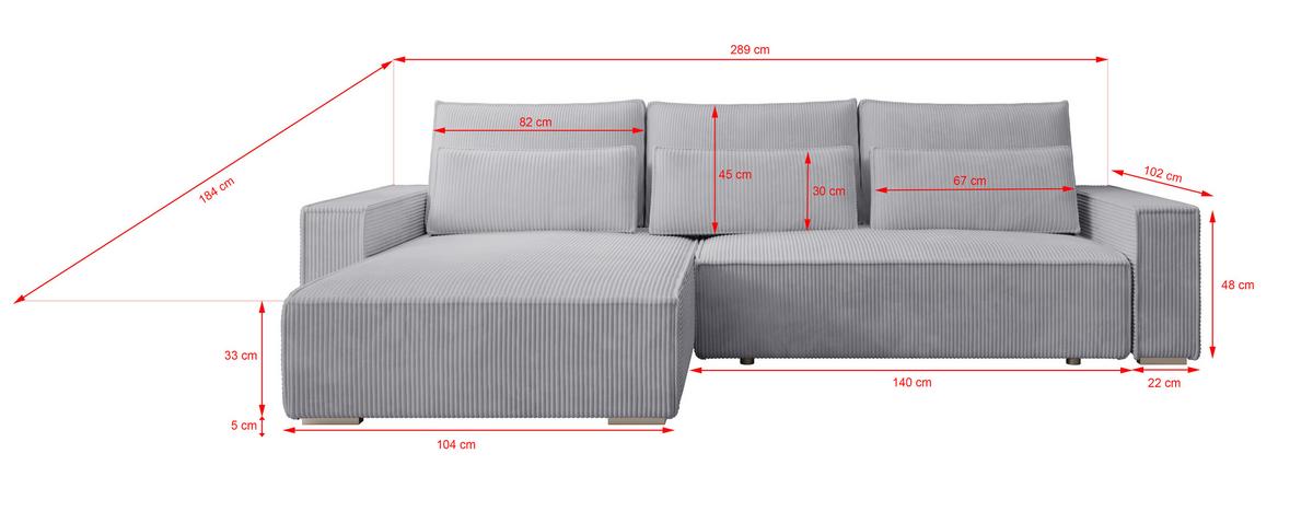 ECKSOFA Alice mit Bettkasten und Schlaffunktion, Cordstoff in L-Form - Grau, Textil (289/184cm)