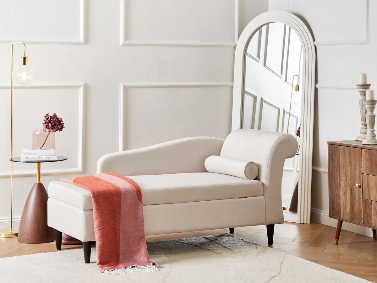 CHAISELONGUE-RECHTSSEITIGE Samtstoff Beige mit Stauraum Luiro - Beige/Schwarz, Textil (160/77/70cm) - Beliani