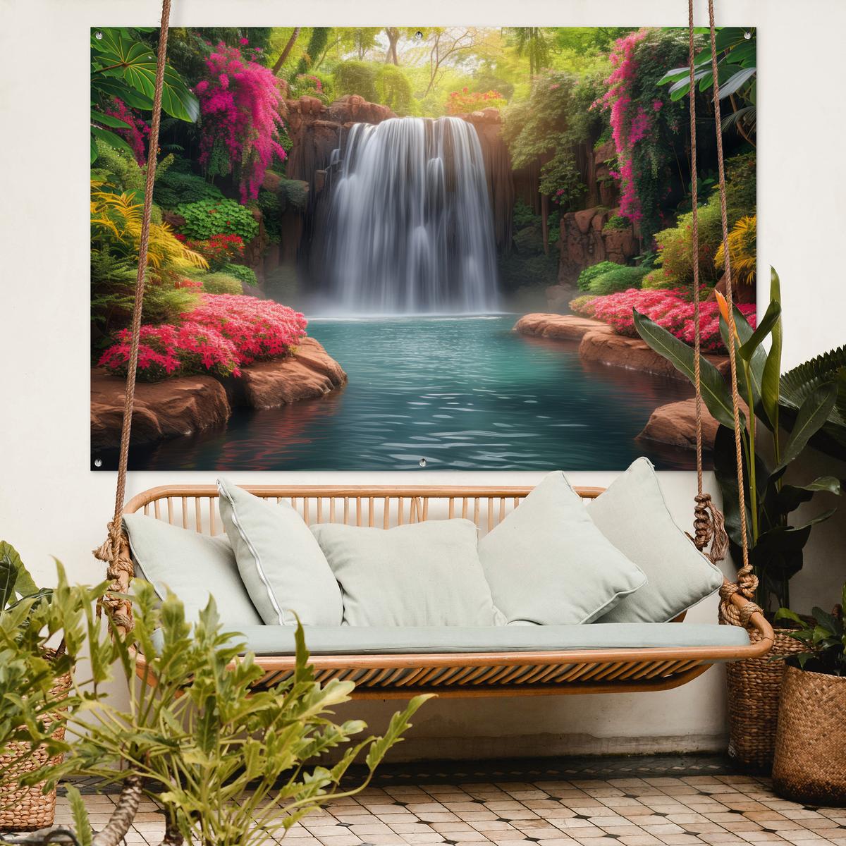 GARTENPOSTER Wasserfall - Natur - Pflanzen - Dschungel - Wasser Poster für draußen 180x120 cm - Grün, Kunststoff (180/120/0.2cm) - OnlyWow