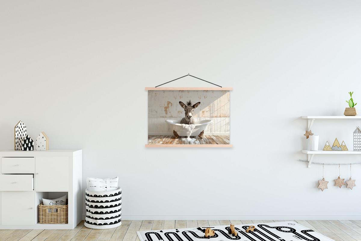 POSTER MIT MAGNETLEISTEN Esel - Tiere - Badewanne - Schaumstoff Wanddeko 90x60 cm - Weiß, Textil (90/60/0.15cm) - MuchoWow