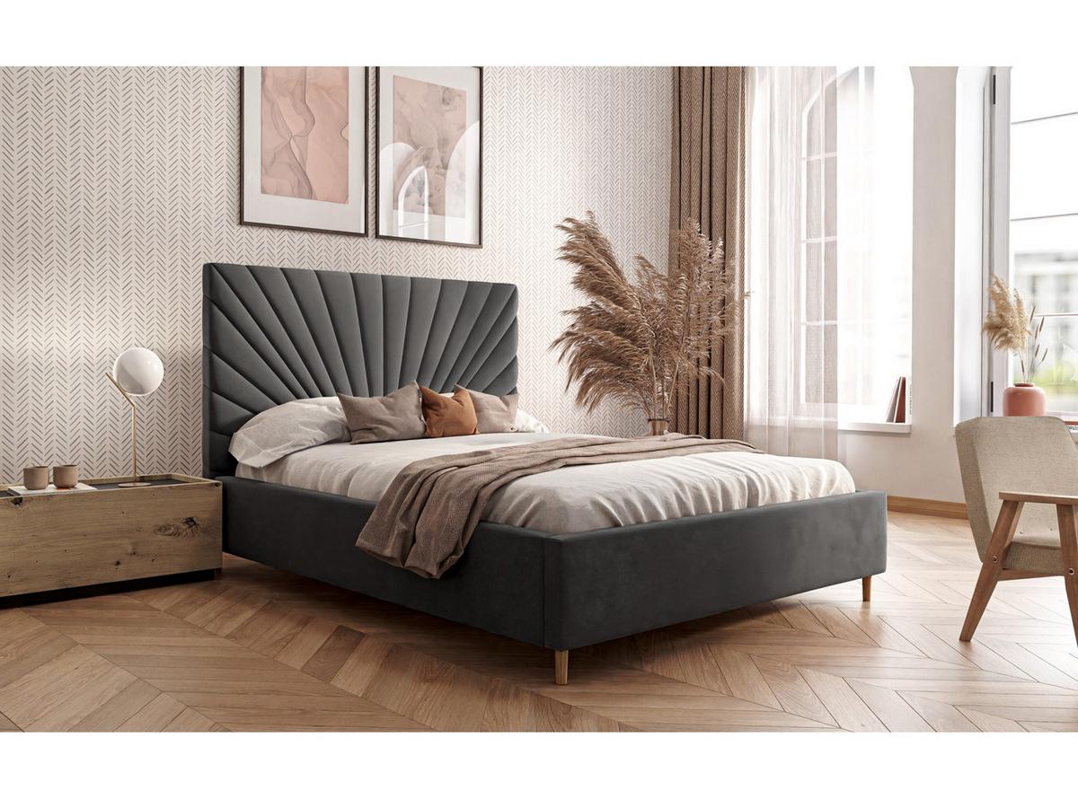 POLSTERBETT SUNNY 140x200 cm Jasmine 96, 34 Holzlatten, Kopfteil 131 cm - Grau, Textil (140/200cm) - Lookway