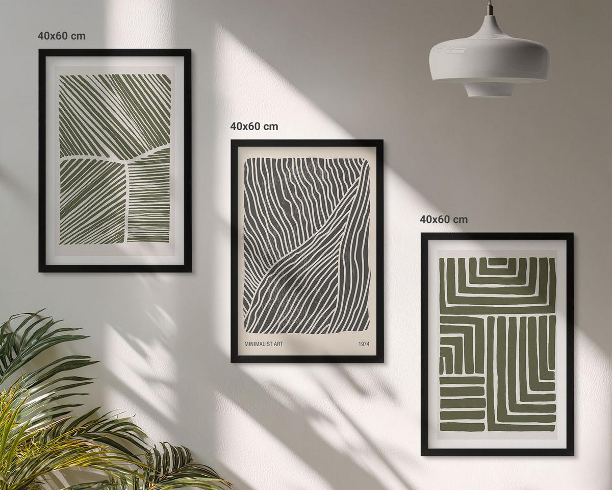 BILDER SET 3er Set - 40x60 cm Schwarzer Rahmen - Muster Linien Formen grün - Schwarz, Kunststoff (40/60cm) - TULUP