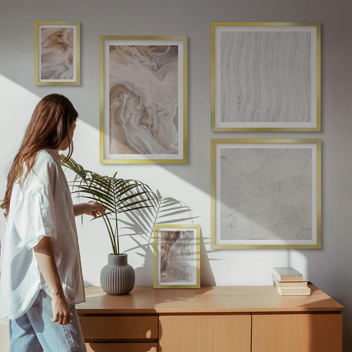 BILDER SET 5er Set - 50x50 cm & 20x30 cm & 40x60 cm Goldrahmen - Abstrakte Marmormuster aus Stein - Goldfarben, Kunststoff (40/60cm) - TULUP