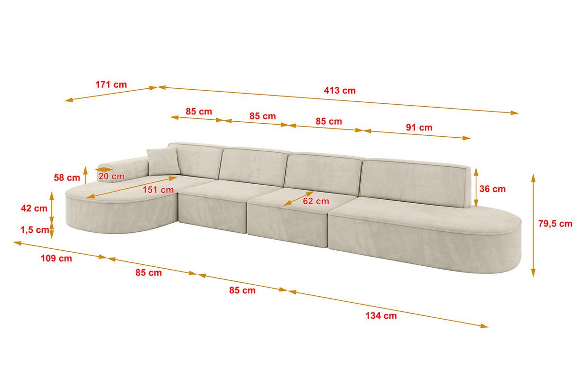 ECKSOFA Ottomane Links MARI-L3 - 413x171x79 cm Ecru Velours - Ecru/Schwarz, Holzwerkstoff/Kunststoff (413/171cm) - ALTDECOR