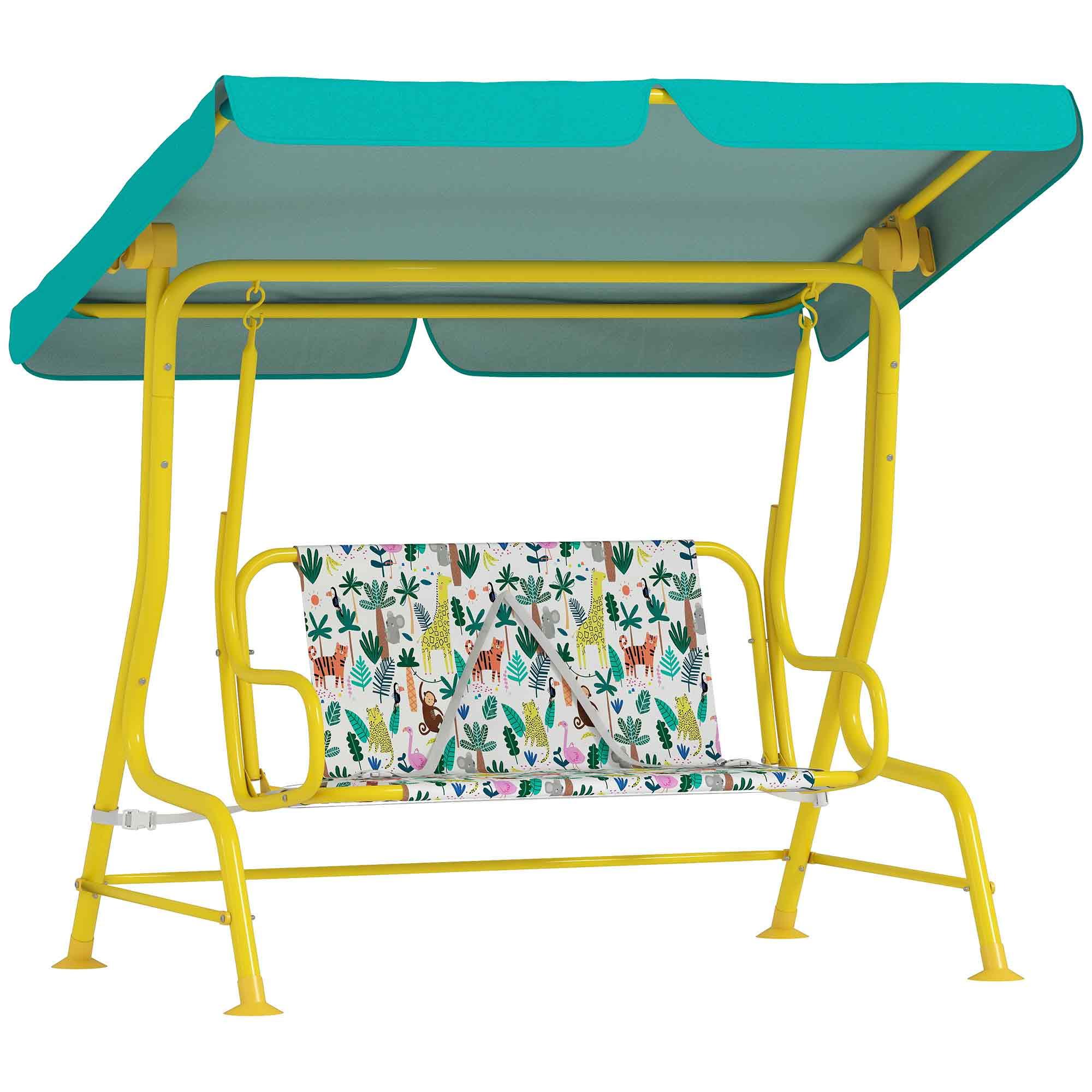 KINDER Hollywoodschaukel, 2-Sitzer Kinderschaukel mit verstellbarem Sonnendach - Gelb/Grün, Textil/Metall (75/120/112cm) - AIYAPLAY
