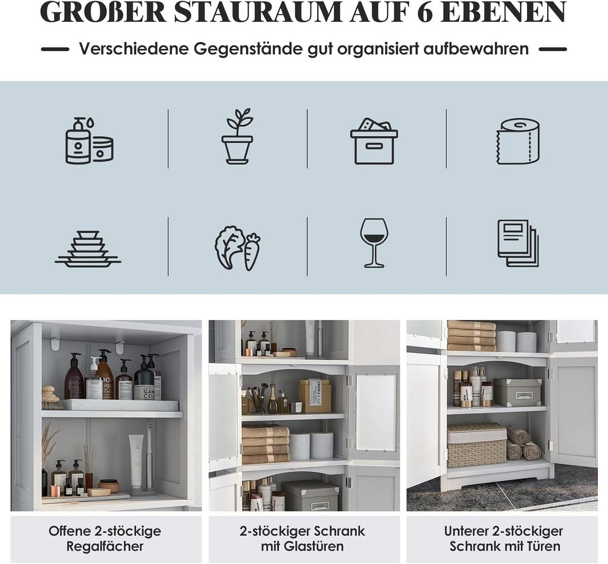 BADSCHRANK mit Glastüren Weiß - Weiß, Holz (60/163/30cm) - COSTWAY