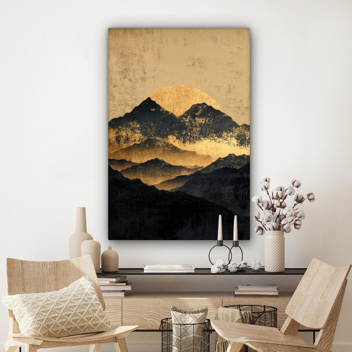 LEINWANDBILD Goldene Berge bei Mondschein Deko Groß 90x140 cm - Goldfarben, Textil (90/140cm) - MuchoWow