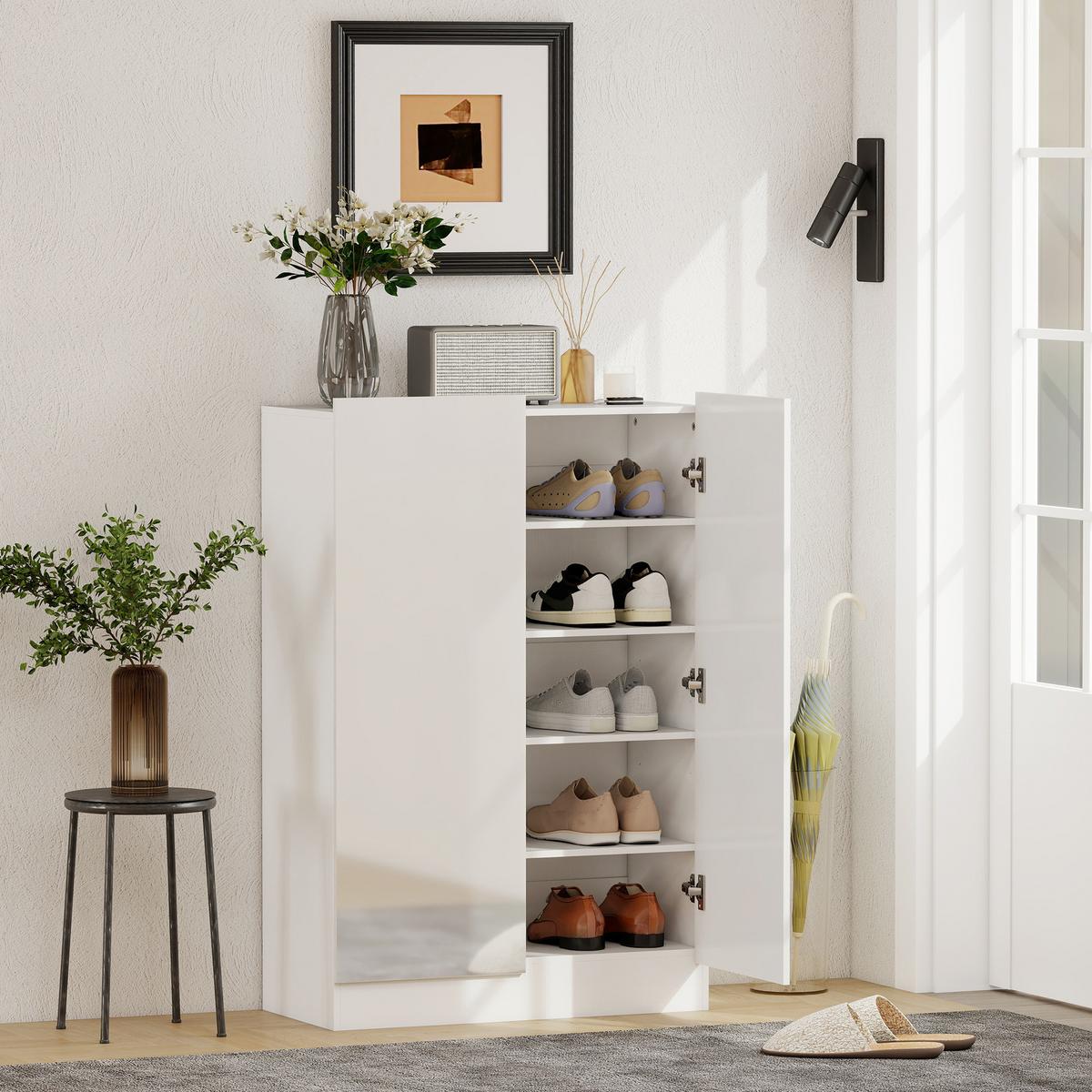 SCHUHSCHRANK, Schuhregal mit Verstellbaren Ablagen, Belüftungslöchern - Weiß Hochglanz/Weiß, Holzwerkstoff (34.5/103/72cm) - HOMCOM