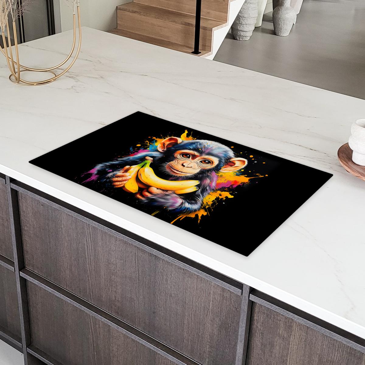 HERDABDECKPLATTE Affe - Graffiti - Farbenfroh - Bananen - Modern Ceranfeldabdeckung 90x52 cm - Gelb, Kunststoff (90/52/0.2cm) - MuchoWow