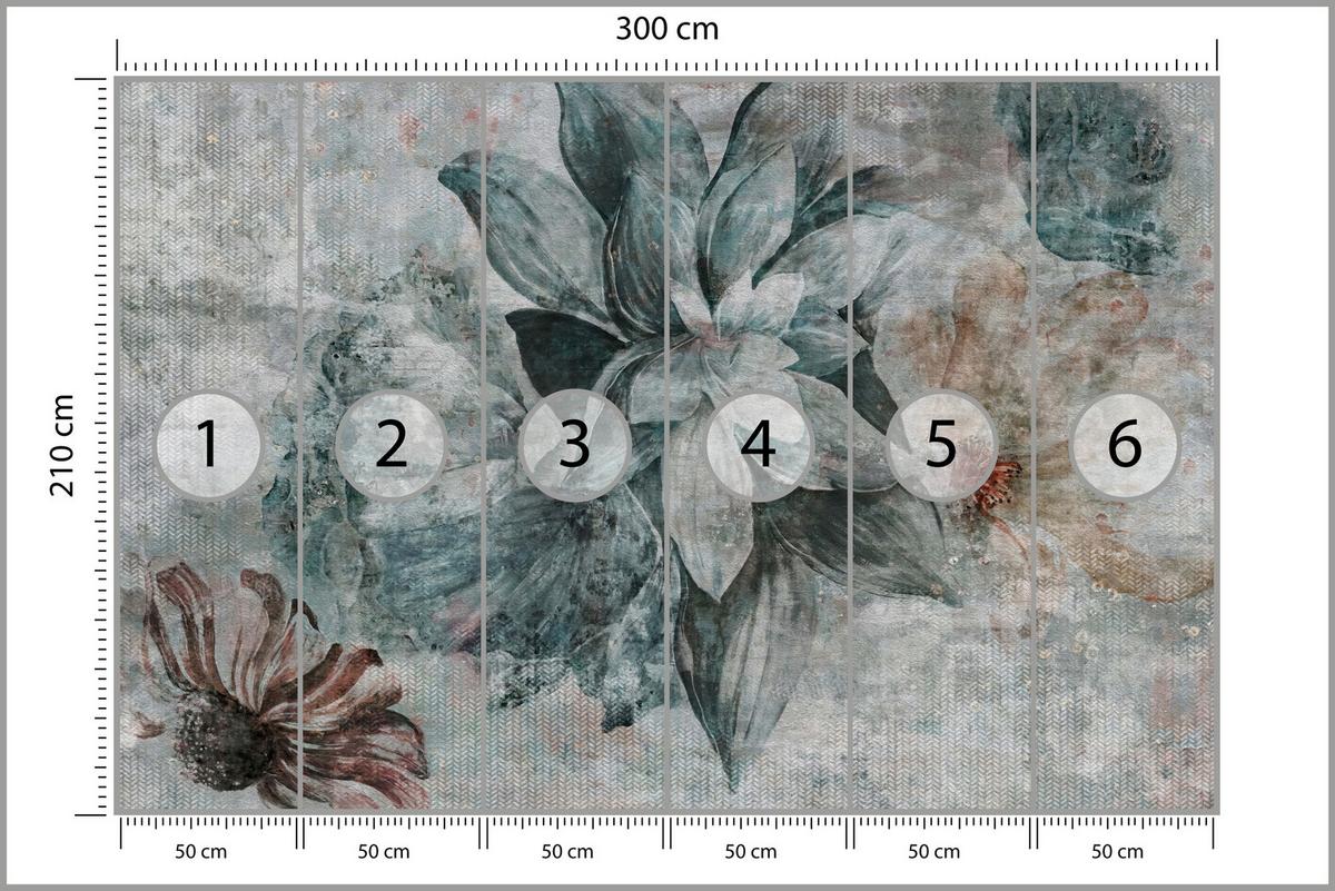 FOTOTAPETE für Schlafzimmer Aquarellblumen Beton Natur Pflanzen 300x210 - Grau, Papier (300/210cm) - Muralo