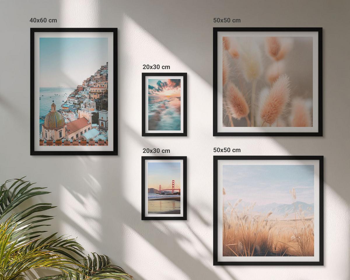 BILDER SET 5er Set - 50x50 cm & 20x30 cm & 40x60 cm Schwarzer Rahmen - Sonnenuntergang am Meer, Häuser, Blumen - Schwarz, Kunststoff (40/60cm) - TULUP