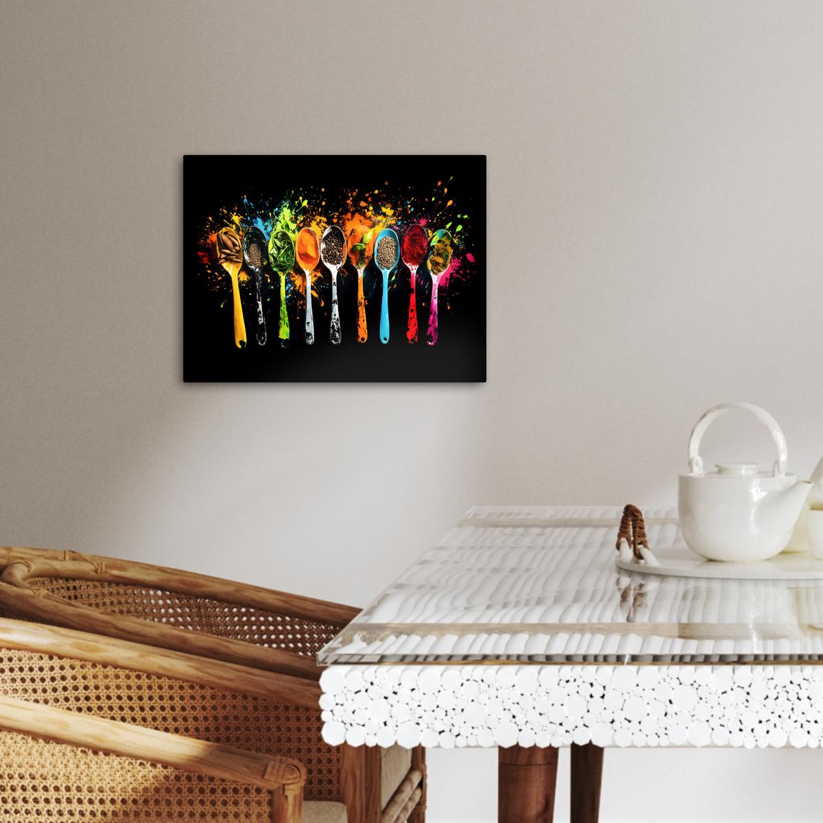 LEINWANDBILD Löffel - Gewürze - Modern - Graffiti - Farbe - Farbenfroh Wandbild 40x30 cm - Multicolor, Textil (40/30cm) - MuchoWow