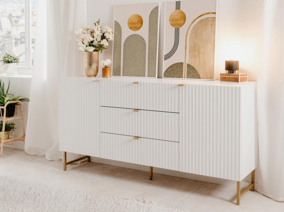 SIDEBOARD weiß, Gold 179 cm, Kommode mit Soft-Close und 3D-Struktur - Goldfarben/Weiß, Holzwerkstoff/Metall (179/90/41cm) - Furn.Design