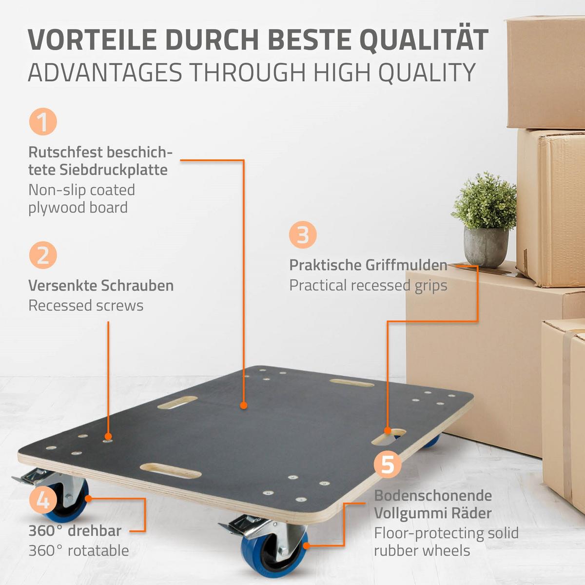 TRANSPORTROLLER 2er Set mit 4 Rollen 2 mit Bremsen 60x80 cm Traglast 800kg Siebdruck Holzplatte Black - Dunkelgrau, Holzwerkstoff (80/60/14.5cm) - ECD-Germany