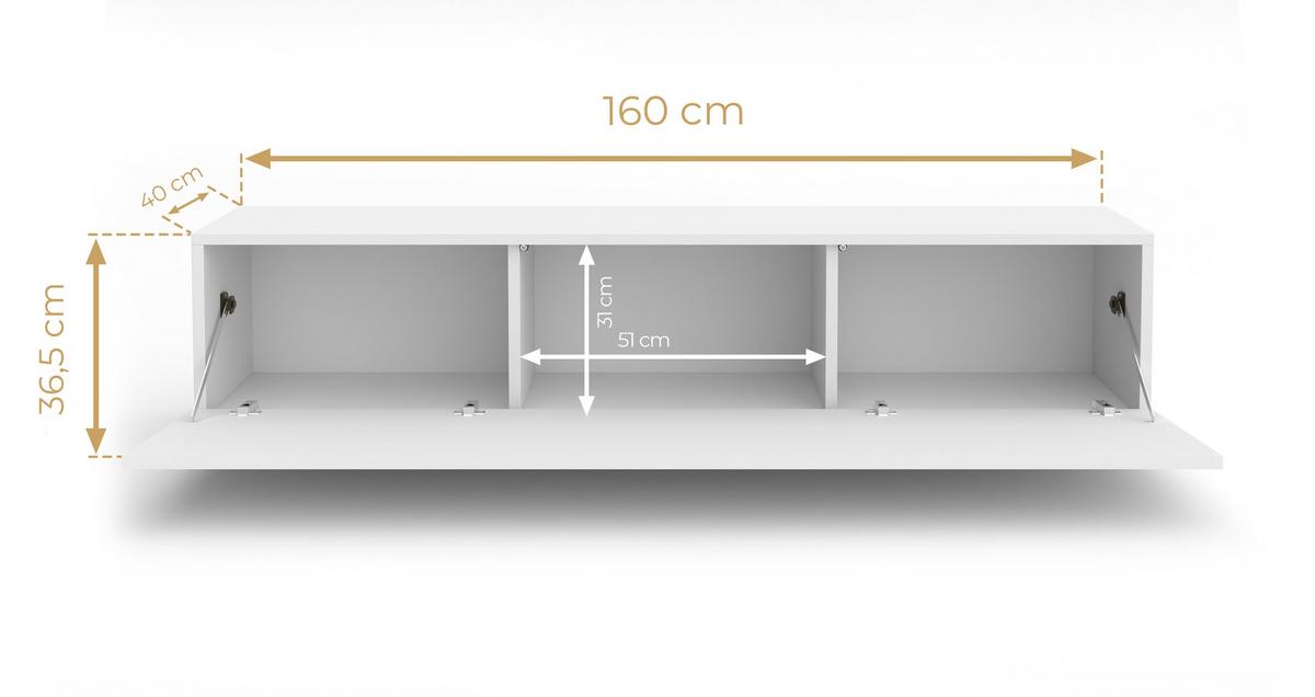 LOWBOARD ZIVOLLI 160 Weiß, Wotan Lamellen 160/36,5/40 cm – Hängend und Stehend - Hellbraun/Weiß, Holzwerkstoff/Kunststoff (160/36.5/40cm) - AX Living