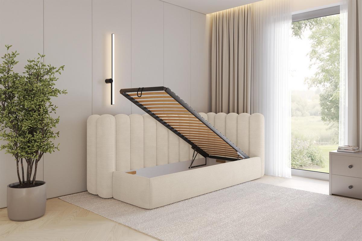 EINZELLBETT Jugendbett mit Bettkasten und Matratze H3/H4, Links - HUGY 100x200 Beige - Creme, Holzwerkstoff/Textil (100/200cm) - ALTDECOR
