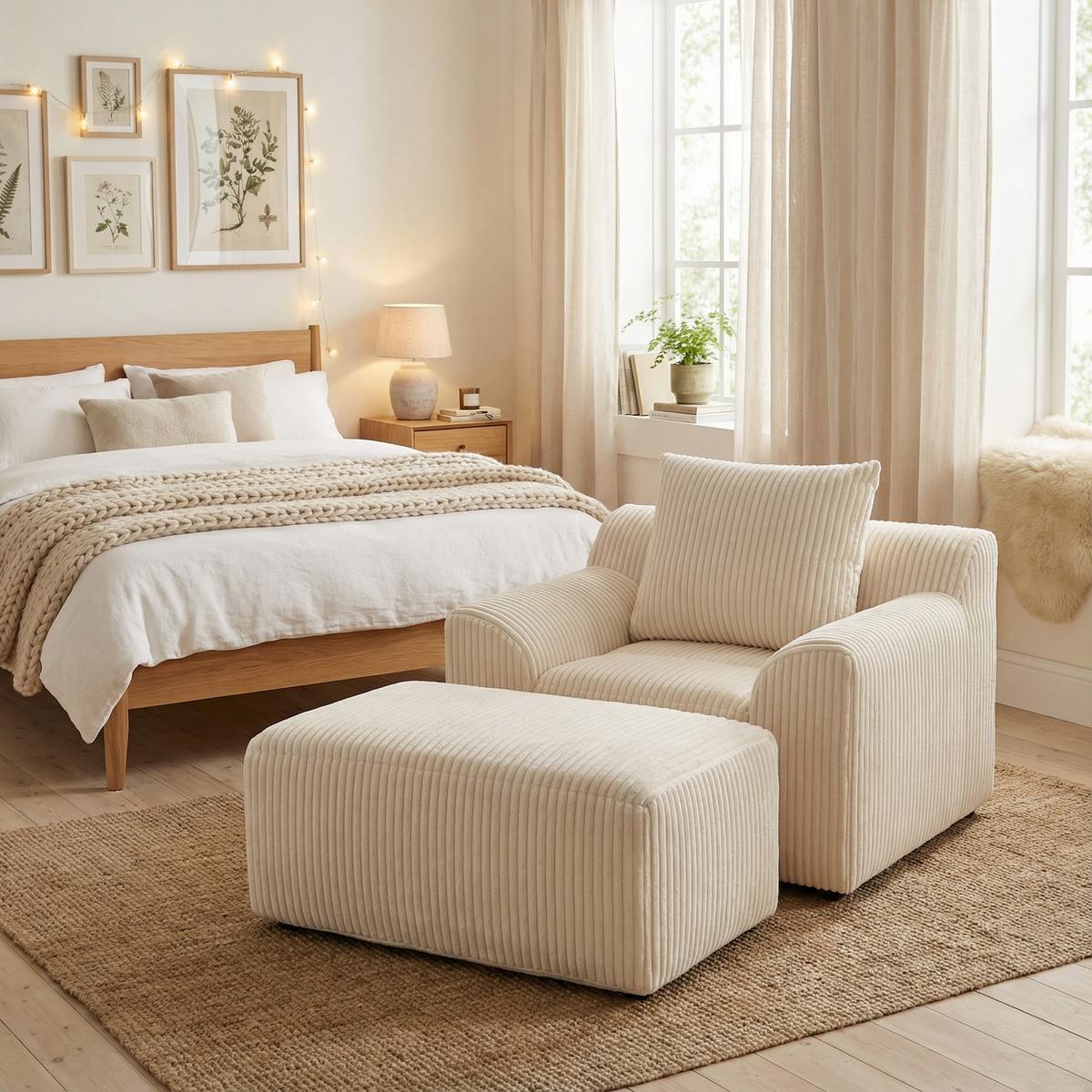 SESSEL mit Hocker in Cord Übergroßer Relaxsessel - Beige, Textil (110/67/147cm) - Urban Meuble