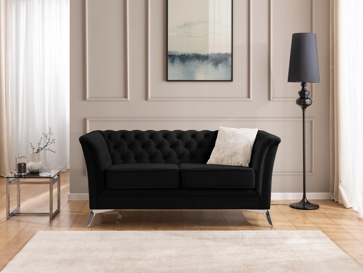 SITZGARNITUR 3+2+1 Chesterfield Whitby Schwarz Samt mit silbernen Füßen - Silberfarben/Schwarz, Holz/Textil (237/78/82cm) - S-Style Möbel