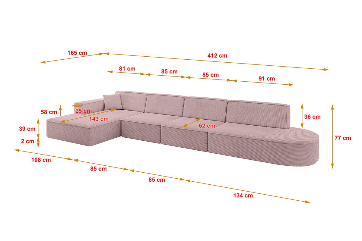 ECKSOFA Ottomane Links IREA-L3-v4 - 412x165x77 cm Rosa - Rosa, Holzwerkstoff/Textil (412/165cm) - ALTDECOR