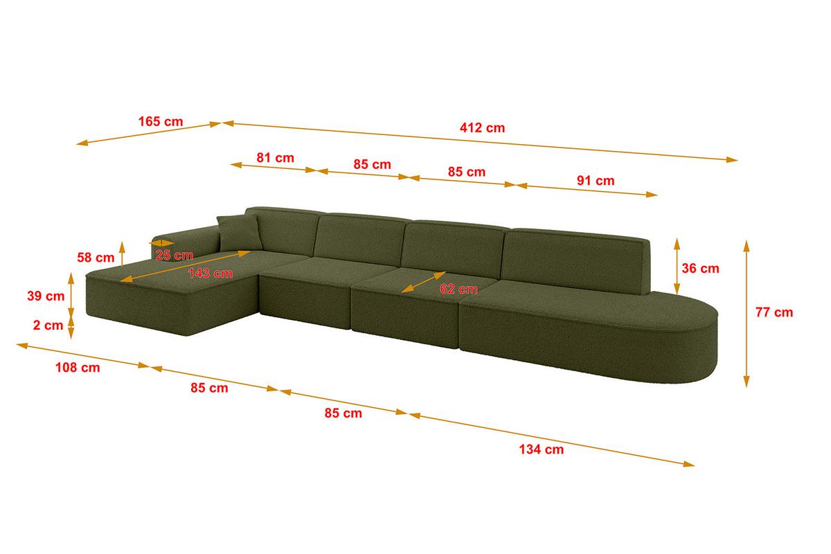 ECKSOFA Ottomane Links IREA-L3-v3 - 412x165x77 cm Grün - Platinfarben, Holzwerkstoff/Textil (412/165cm) - ALTDECOR