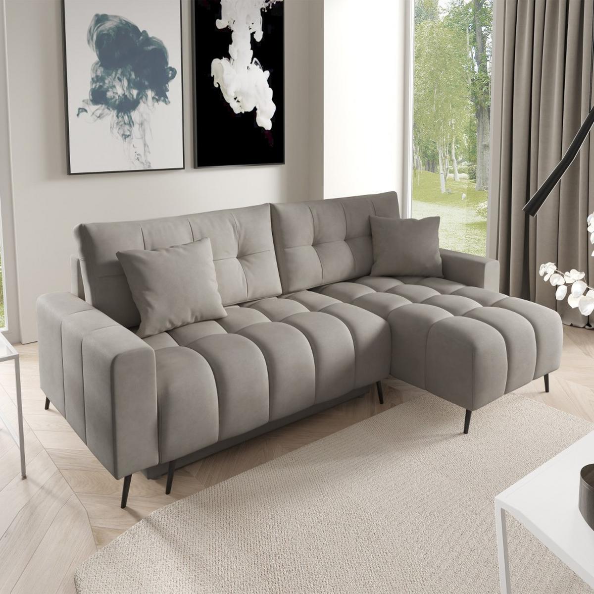 ECKSCHLAFSOFA Denver im Veloursstoff, Dunkelbeige - Greige/Schwarz, Textil (232/148cm) - Beautysofa