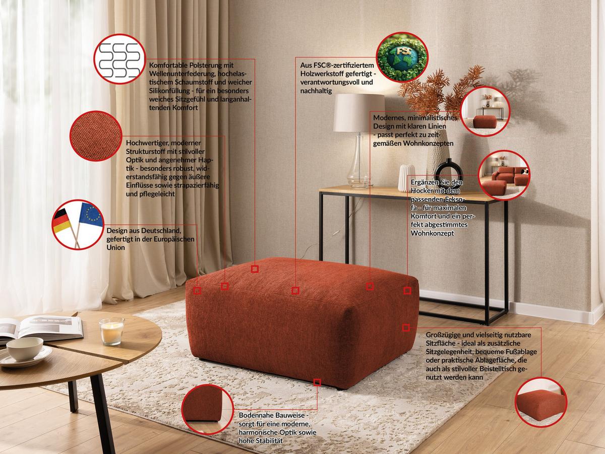 ECKSOFA inkl. Hocker Lennon aus Terrakotta Strukturstoff mit Schlaffunktion und Bettkasten - Terracotta/Schwarz, Holz/Kunststoff (264/137cm) - S-Style