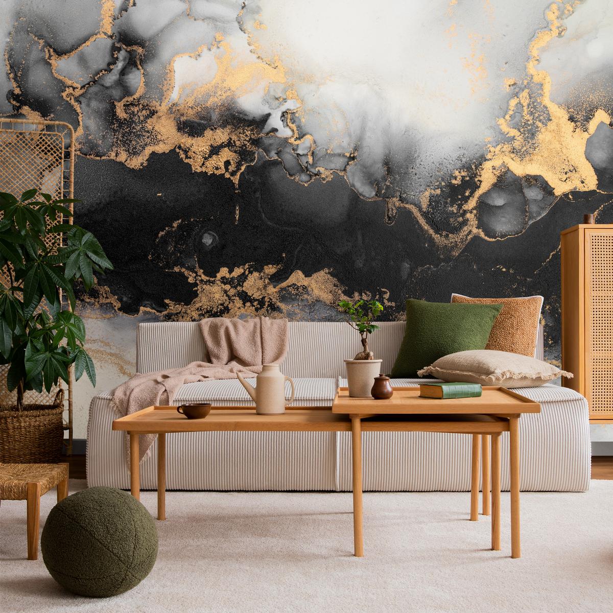 FOTOTAPETE für Wohnzimmer Marmor Klassisch Gold Akzente 150x105 - Gelb/Beige, Papier (150/105cm) - Muralo