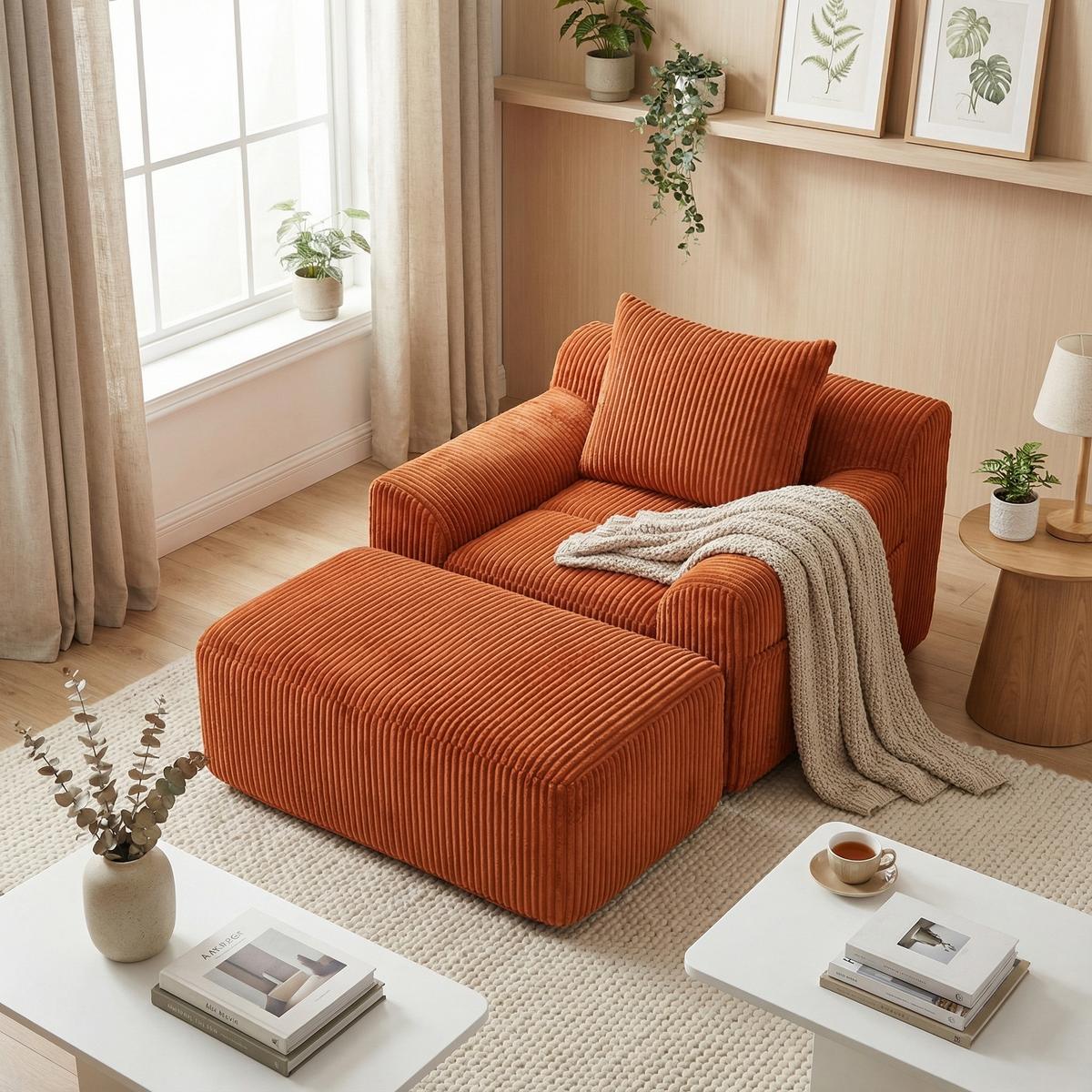 SESSEL mit Hocker in Cord Übergroßer Relaxsessel - Orange, Textil (110/67/147cm) - Urban Meuble