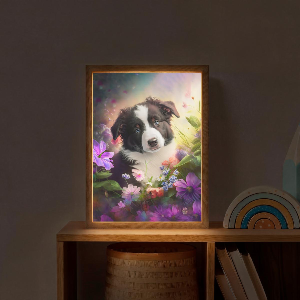 WANDLEUCHTE MIT AKKU Welpe - Sonne - Blumen - Natur - Border Collie - Hund 30x40 cm - Violett, Holzwerkstoff (30/40/8cm) - OnlyWow