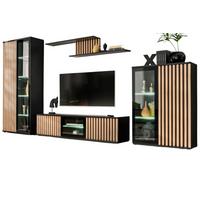 WOHNWAND schwarz, Eiche Jackson 353 cm, Schrankwand mit Push-top-Open und Beleuchtung - Eichefarben/Schwarz, Glas/Holzwerkstoff (340/192/45cm) - Furn.Design