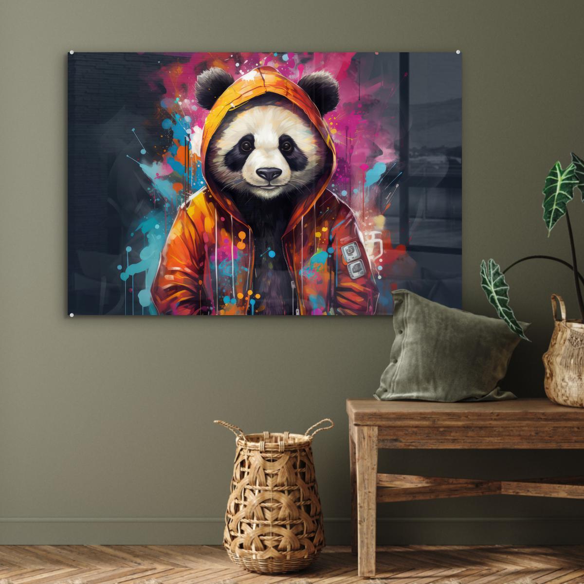 ACRYLGLASBILD Panda - Jacke - Graffiti - Orange Wandbild Schlafzimmer 120x80 cm - Orange, Glas (120/80cm) - MuchoWow
