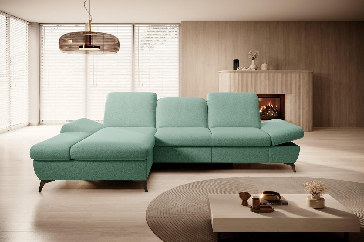 ECKSOFA FELICE L-S Grün Geflochtener Stoff mit Schlaffunktion - Salbeigrün, Holz (284/166cm) - MASSENO