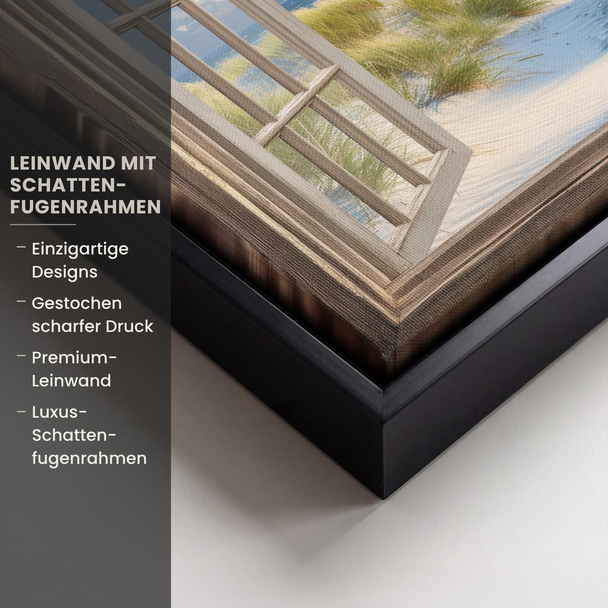 LEINWAND Bilder mit Rahmen - Aussicht - Strand - Fenster - Dünen - Meer - 30x20 - Hellblau, Textil (30/20cm) - MuchoWow