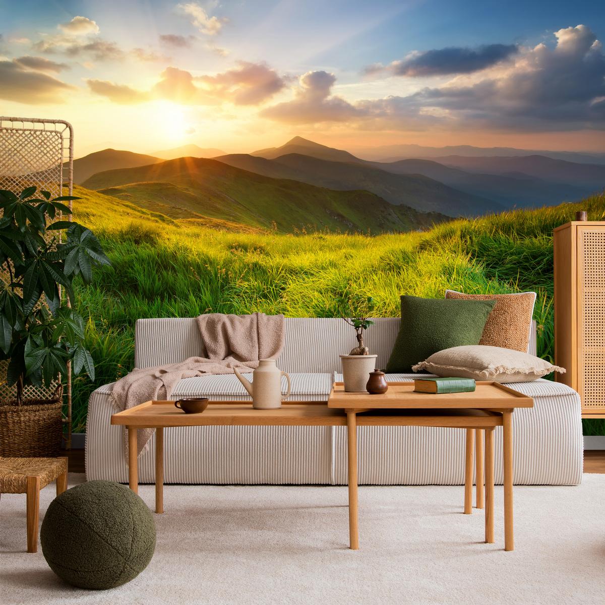 FOTOTAPETE für Wohnzimmer Sonnenuntergang Berge Wiese Gras 100x70 - Gelb/Beige, Papier (100/70cm) - Muralo