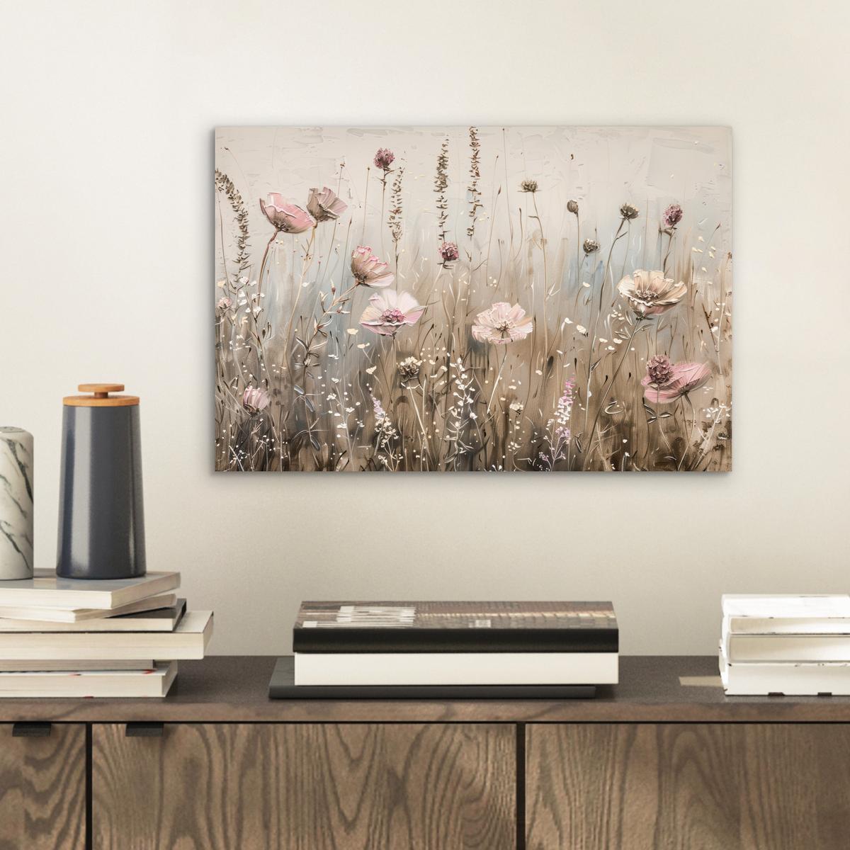 METALLBILD Blumen - Rosa - Modern - Beige 30x20 cm - Beige, Metall (30/20cm) - MuchoWow
