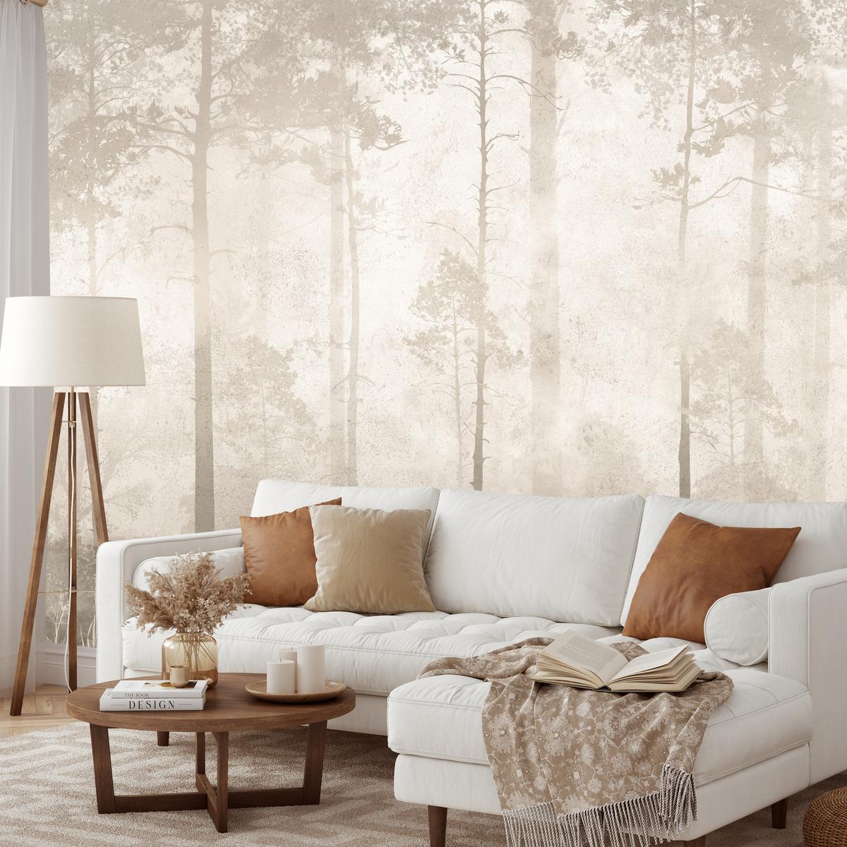 FOTOTAPETE für Wohnzimmer Nebliger Wald Vintage Bäume 350x256 - Beige/Braun, Papier (350/256cm) - Muralo