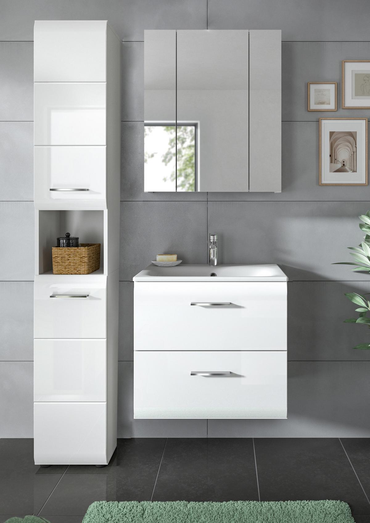 HOCHSCHRANK weiß Hochglanz, Badschrank 30 cm mit viel Stauraum - Weiß Hochglanz/Silberfarben, Holzwerkstoff/Kunststoff (30/185/30cm) - Inn.Furn