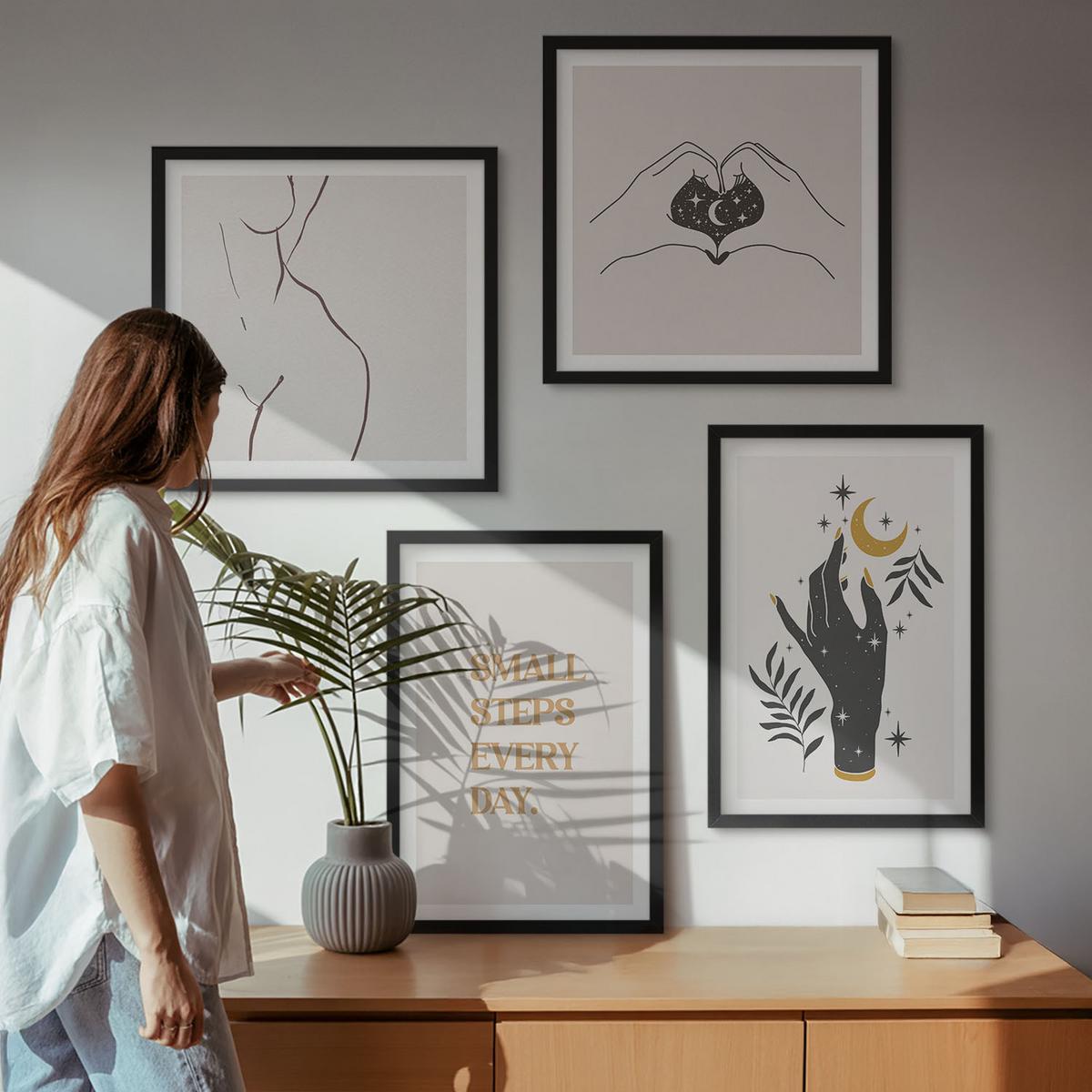 BILDER SET 4er Set - 50x50 cm & 40x60 cm Schwarzer Rahmen - Minimalistische Boho-Illustrationen - Schwarz, Kunststoff (50/50cm) - TULUP