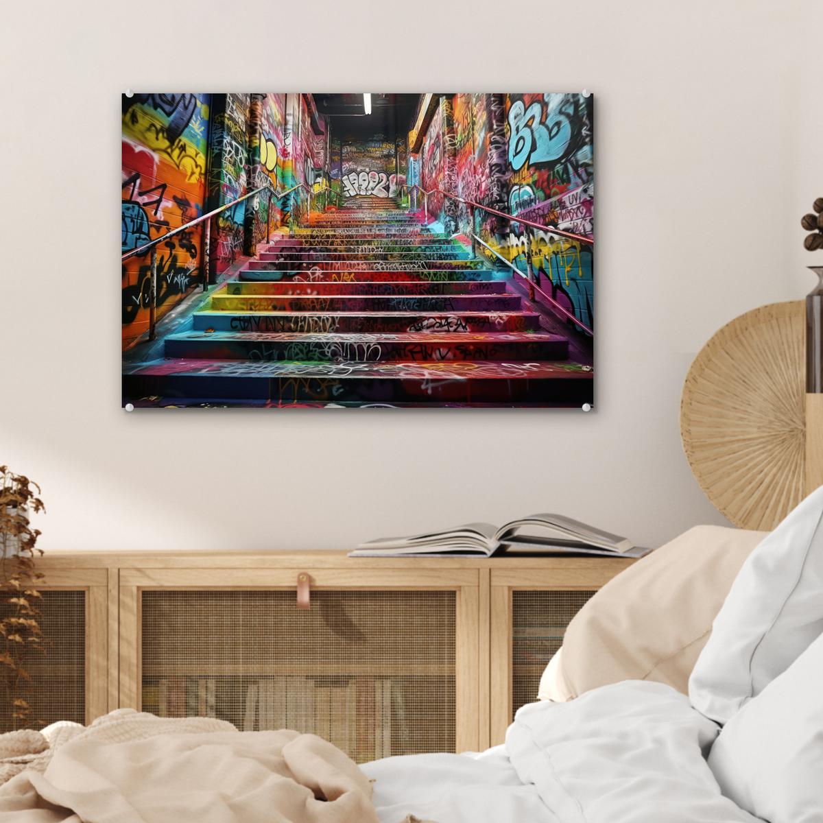 ACRYLGLASBILD Treppe - Graffiti - Farben - Kunst Wanddeko 60x40 cm - Multicolor, Glas (60/40cm) - MuchoWow