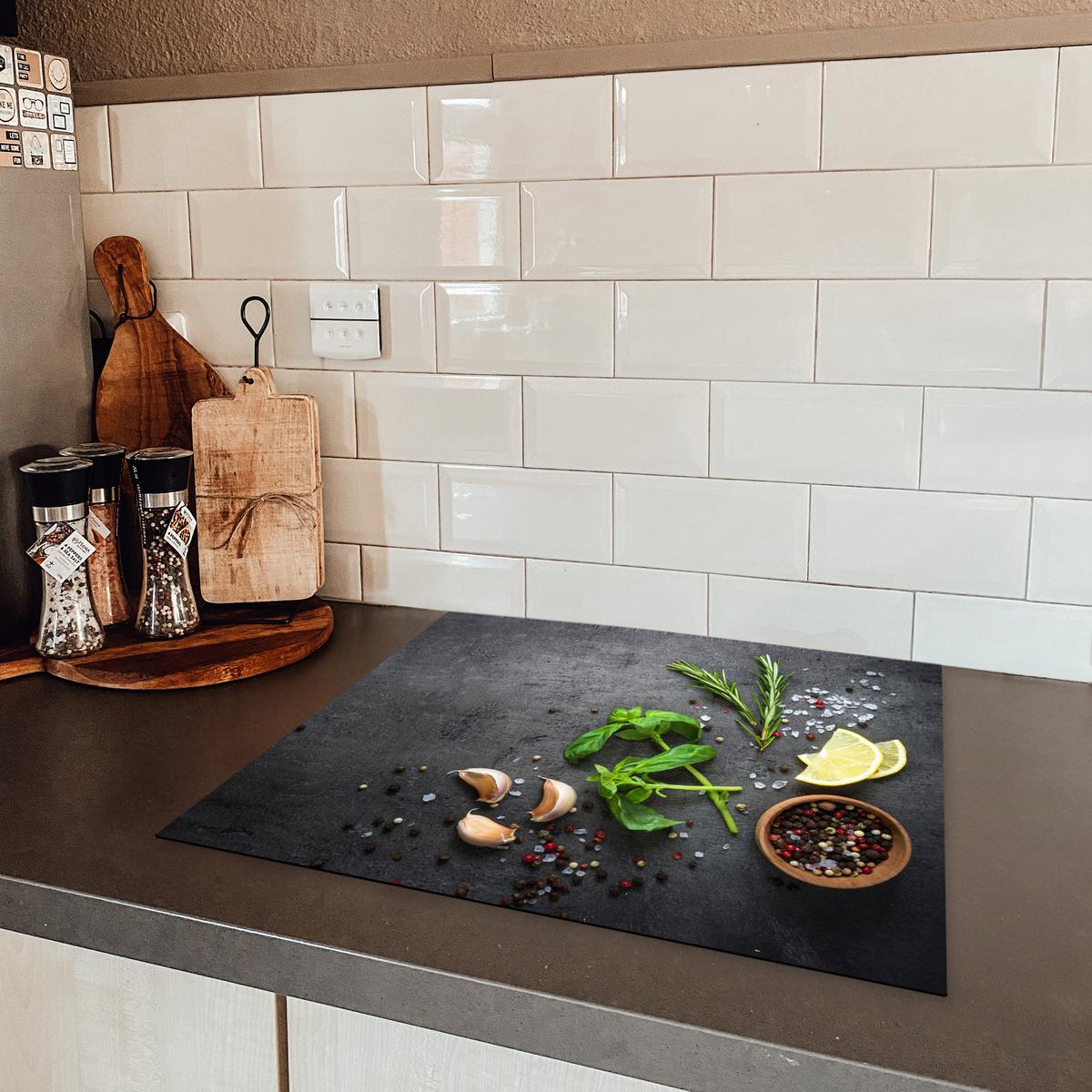 HERDABDECKPLATTE Limette - Kräuter - Gewürze - Grün - Grau - Beton Ceranfeldabdeckung 59x52 cm - Grün, Kunststoff (59/52/0.2cm) - MuchoWow