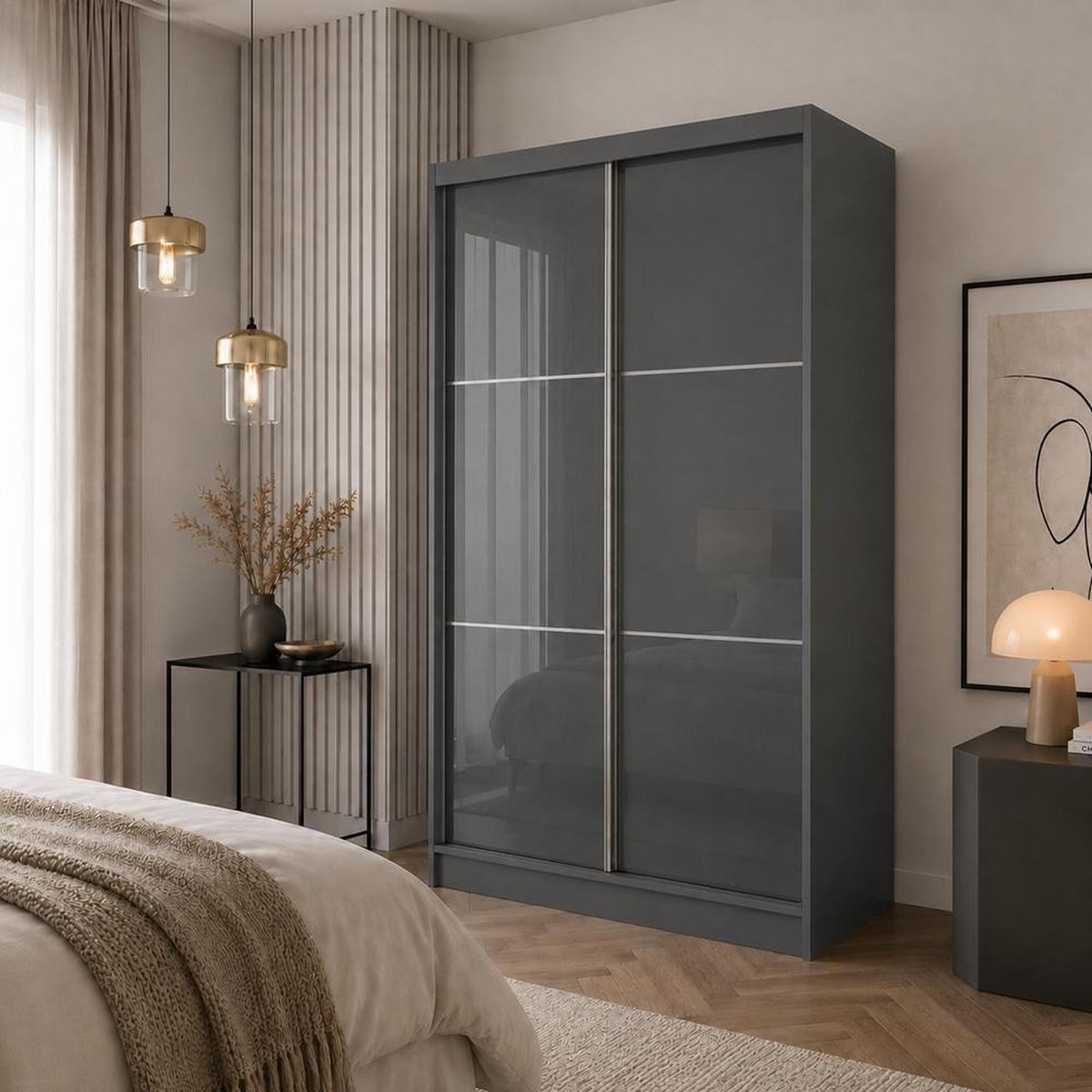 SCHWEBETÜRENSCHRANK Viva 120/216/61 graphit mit Lacobel-Glas - Graphitfarben, Holzwerkstoff (120/216/61cm) - Beautysofa