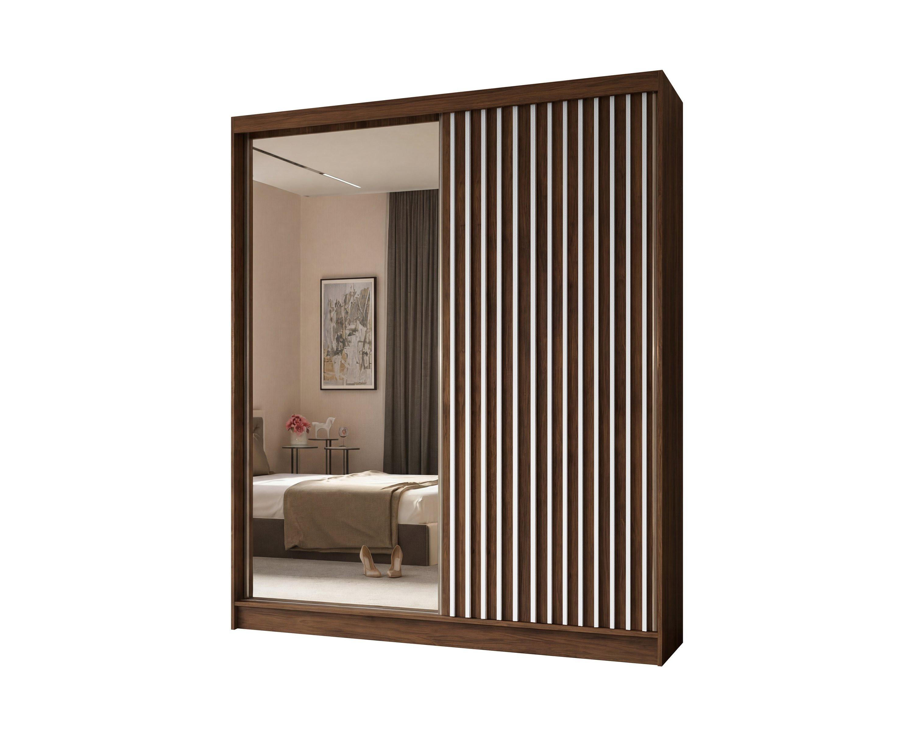 SCHWEBETÜRENSCHRANK LAMELLO 200/216/61 cm Modern Kleiderschrank 2-türig mit Spiegel Nussbaumfarben - Nussbaumfarben, Holzwerkstoff (200/216/61cm) - MASSENO