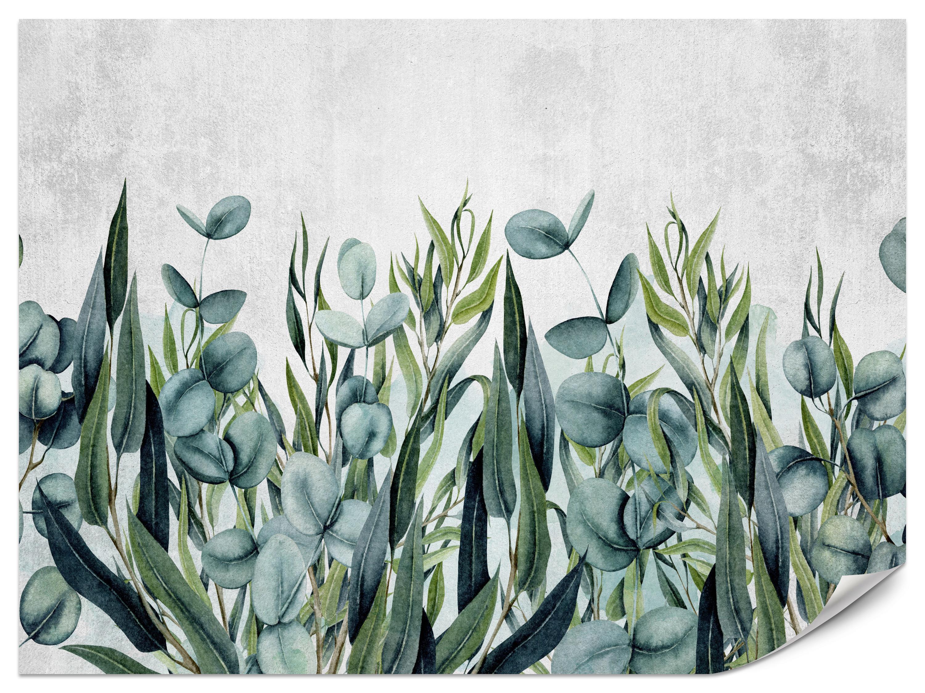 FOTOTAPETE für Wohnzimmer Blätter Beton Aquarell 400x280 - Grau/Grün, Papier (400/280cm) - Muralo