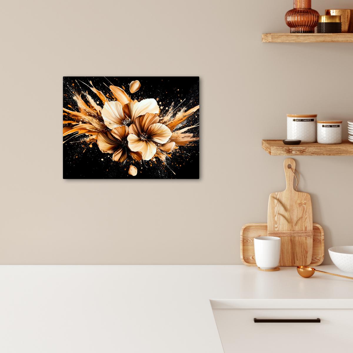 LEINWANDBILD Blumen - Gold - Graffiti - Schwarz - Abstrakt Wandbild 40x30 cm - Cappuccino, Textil (40/30cm) - MuchoWow