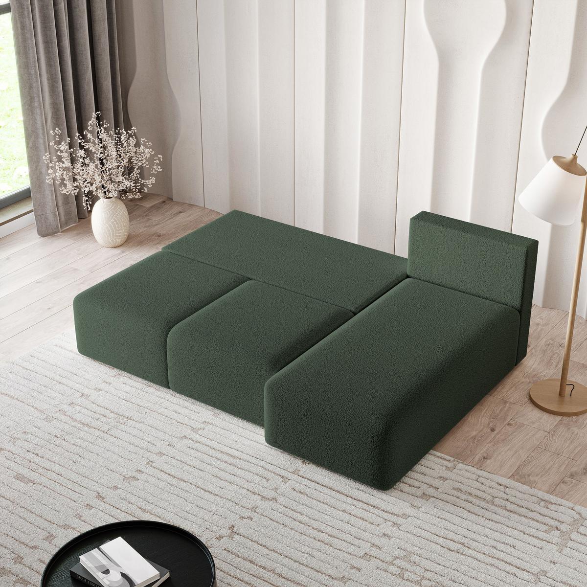 ECKSOFA TRAMA Grün Boucle-Stoff mit Schlaffunktion - Grün, Holz (200/143cm) - MASSENO